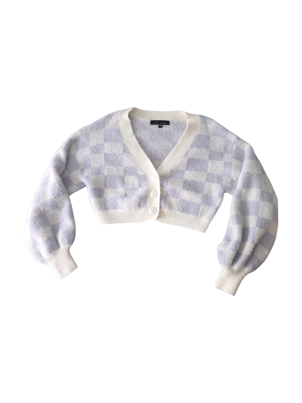 Blue Blush Lavender & White Checkered Fuzzy Cropped Cardigan Sweater S